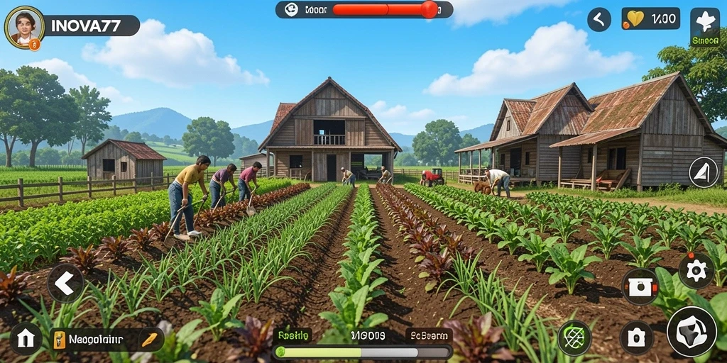 Tangkapan layar gameplay INOVA77 menunjukkan ladang yang subur dan aktivitas pertanian.