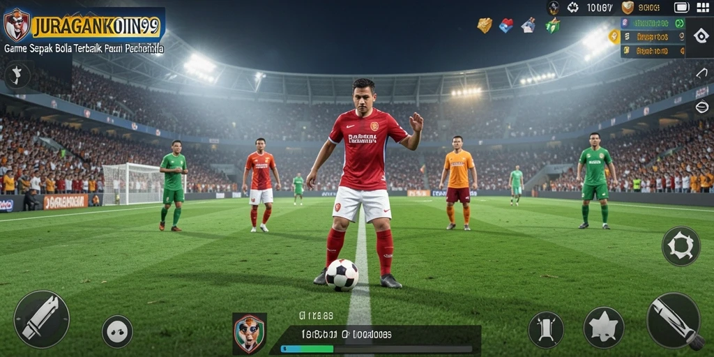 Tangkapan layar utama JURAGANKOIN99 menampilkan aksi seru di lapangan sepak bola.