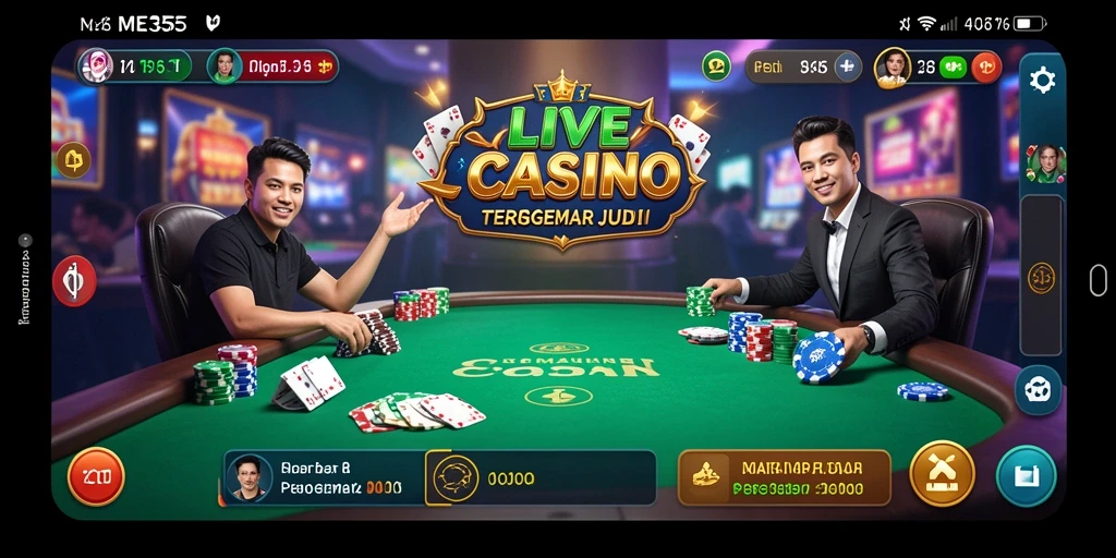 Screenshot gameplay Live Casino ME355 dengan dealer langsung dan suasana kasino.