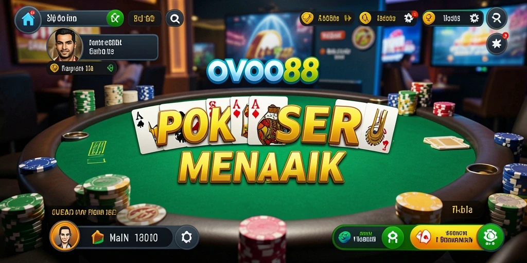 Screenshot gameplay OVO88 yang menampilkan aksi penuh semangat di meja Poker.