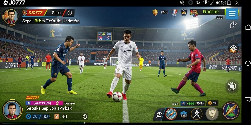 Screenshot gameplay SJO777 yang menunjukkan aksi seru di lapangan sepak bola.