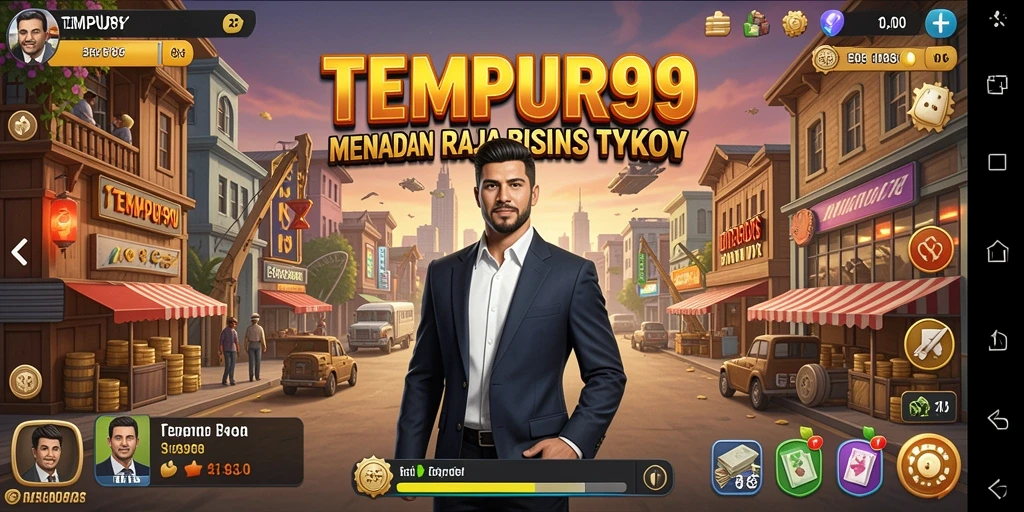 Tampilan gameplay TEMPUR99 dengan tantangan manajemen bisnis.